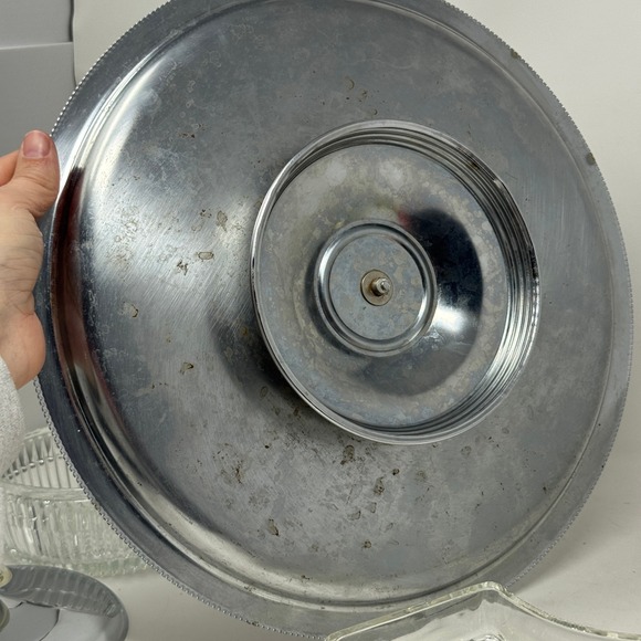 Vintage Kromex Lazy Susan Serving Tray 4 Glass Dividers Dip Container W Lid MCM - Picture 4 of 12